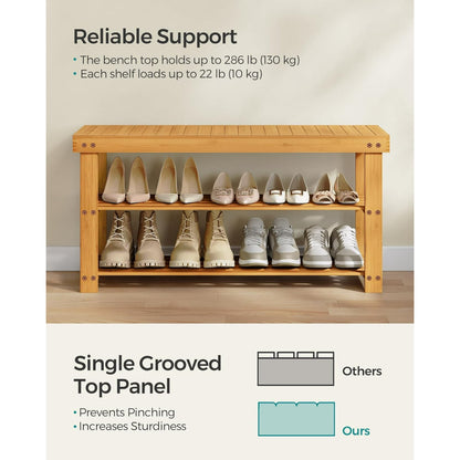 3-Tier Shoe Rack Bench, Hallway Bamboo Organizer, Home Storage Shelf with Holds 286 lb, Natural