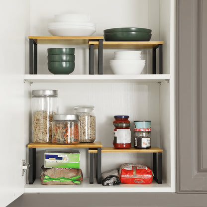 4 Pack Cabinet Organizer Shelf, Kitchen Counter Shelves, Kitchen Storage, Spice Rack, Stackable, Metal and Wood, Ink Black and Natural Beige