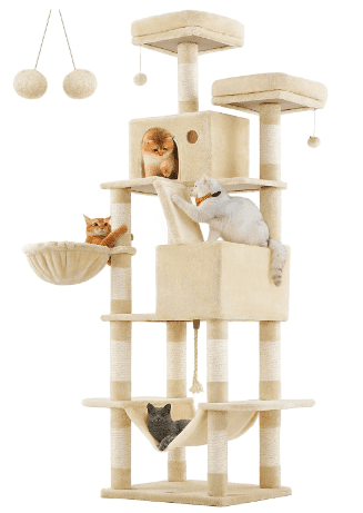 Feandrea Cat Tree, 66.1-Inch Large Cat Tower with 13 Scratching Posts, 2 Perches, 2 Caves, Basket, Hammock, Pompoms, Multi-Level Plush Cat Condo for Indoor Cats, Beige