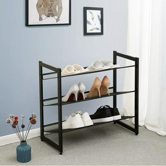 3-Tier Metal Shoe Rack - Adjustable Flat/Angled Shelves, Stackable Shoe Organizer for 9-12 Pairs, Garage Storage, Ink Black