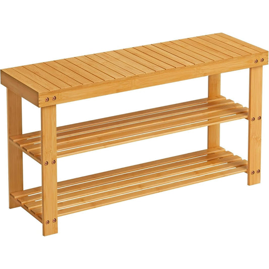 3-Tier Shoe Rack Bench, Hallway Bamboo Organizer, Home Storage Shelf with Holds 286 lb, Natural