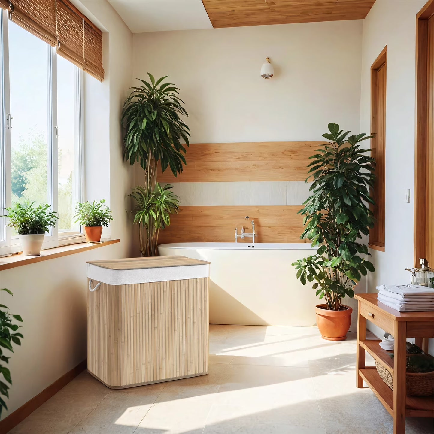 39.6 Gallons Laundry Hamper, 3-Section Laundry Basket, with Lid, Bamboo, Foldable, Removable and Machine Washable Liner Laundry Storage Sorter