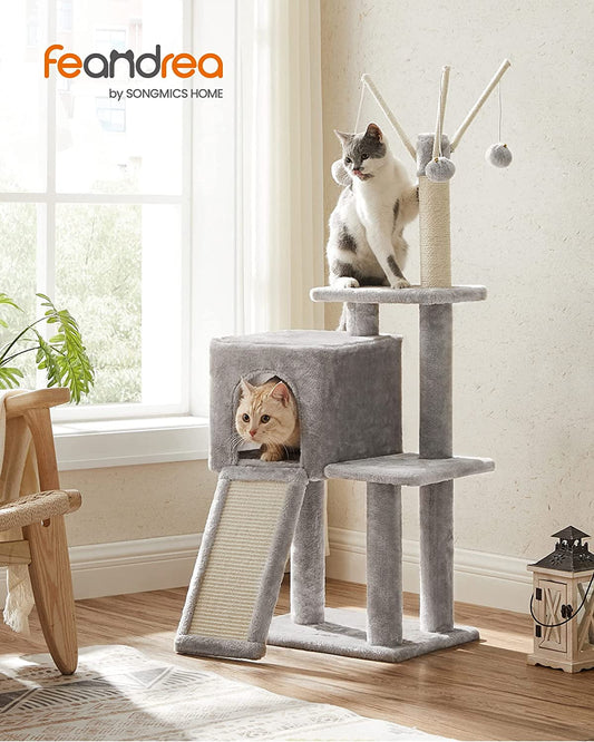 FEANDREA Cat Tree, Small Cat Tower for Indoor Cats, Kittens, Multi-Level Plush Cat Condo, Light Gray