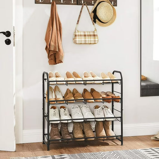 4 Tier Shoe Rack Metal Stackable Shoes Rack Storage Shelf Holds up to 20 Pairs Shoes Adjustable Slanted Shelves Shoe Tower Organizer for Closet Entryway Small Spaces Black