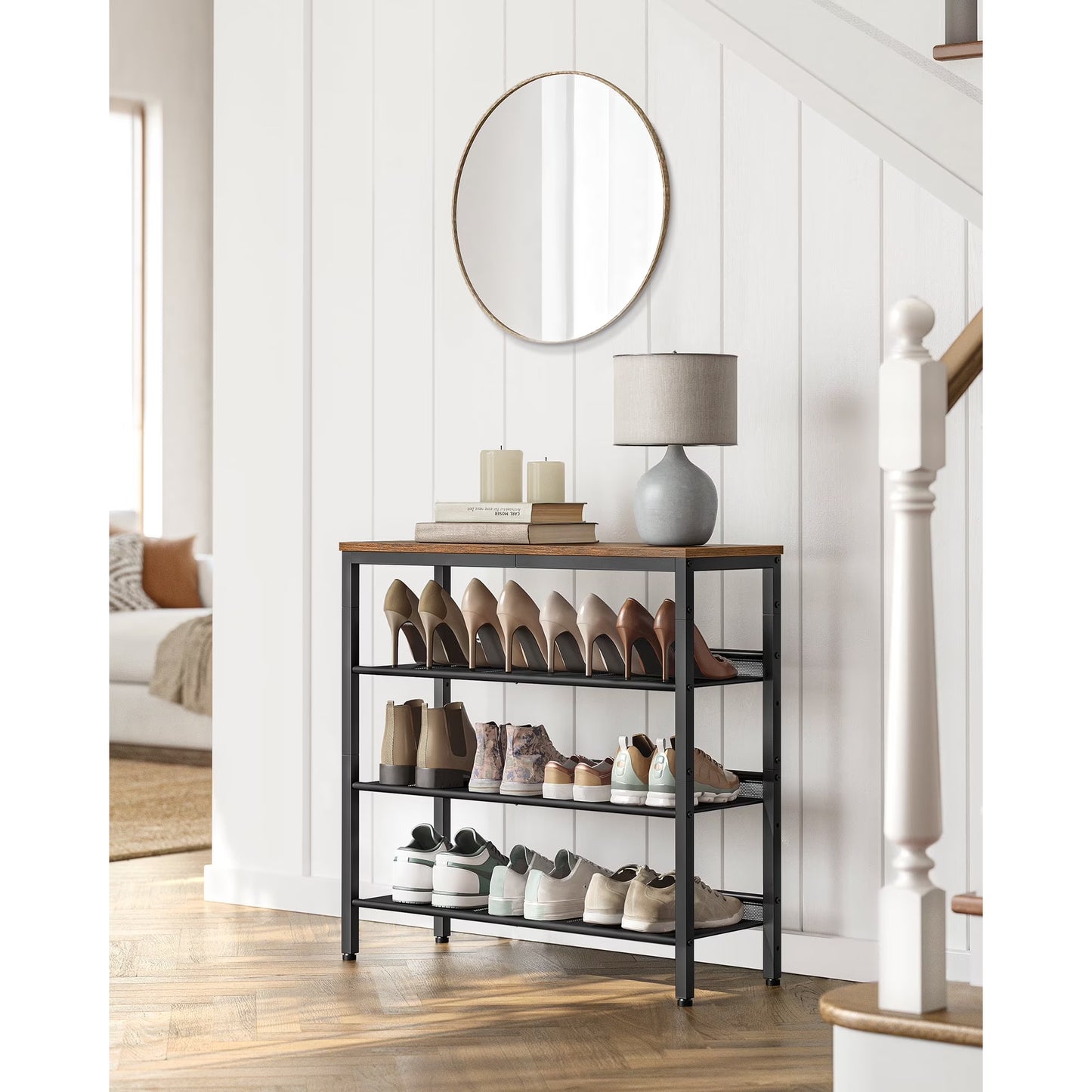 4 Tier Shoe Rack for Entryway - Holds 12-15 Pairs, Sturdy Wooden Top, Industrial Style, Rustic Brown and Black