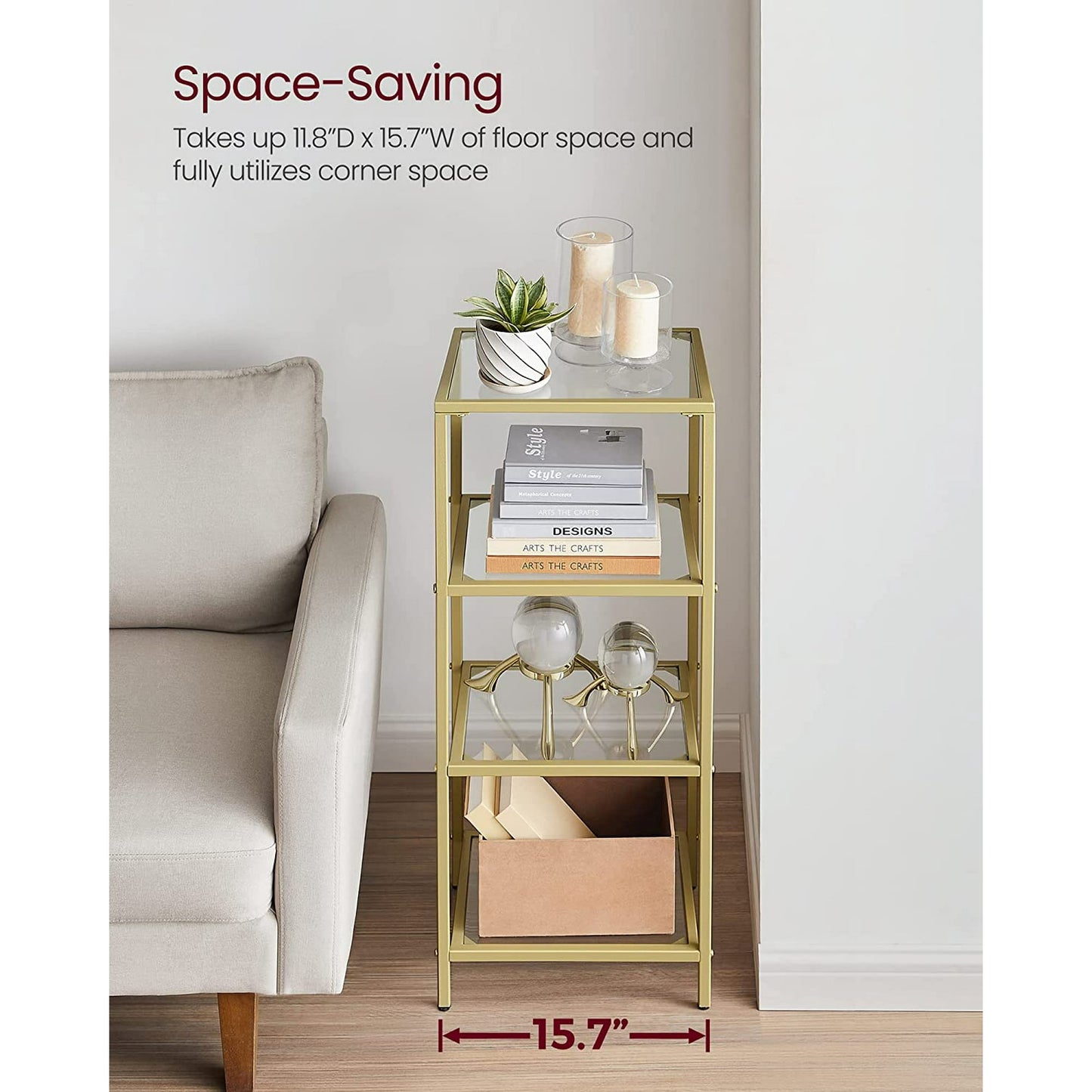 VASAGLE Bookcase 4-Tier Bookshelf Slim Shelving Unit for Bedroom Bathroom Home Office Tempered Glass Steel Frame Gold