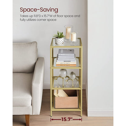VASAGLE Bookcase 4-Tier Bookshelf Slim Shelving Unit for Bedroom Bathroom Home Office Tempered Glass Steel Frame Gold