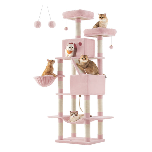 Feandrea 81.1"H Cat Tree Cat Tower for Indoor Cats, Plush Multi-Level Cat Condo with Scratching Posts, Perches, Caves, Hammock, Jelly Pink