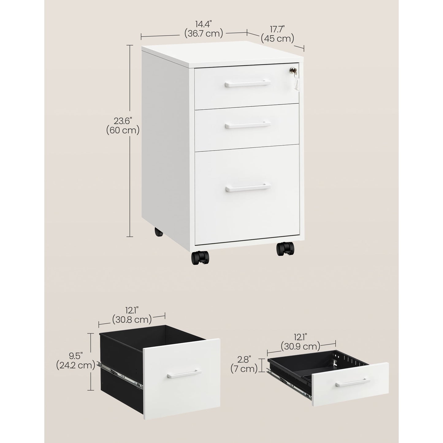 Pre-Assembled File Cabinet with Lock, Office Storage for A4/Legal/Letter Documents, 17.7x14.4x23.6 Inches, Matte White