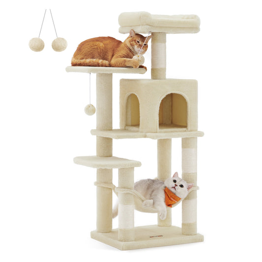 Feandrea Cat Tree 44.1-Inch Multi-Level Cat Tower for Indoor Cats - Includes Scratching Posts, Perches, Hammock, and Cave,Beige