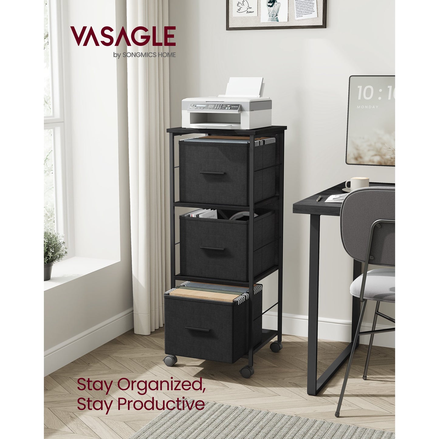 VASAGLE File Cabinet with 3 Drawers, Printer Stand, Cube Storage Shelf, for A4