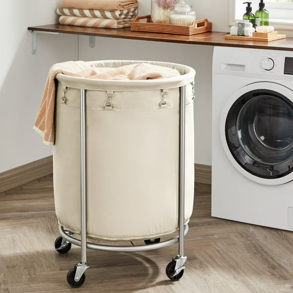 45Gal Round Laundry Sorter Laundry Hamper with Wheels Rolling Laundry Cart with Removable Bag for Laundry Room Cream and Silver