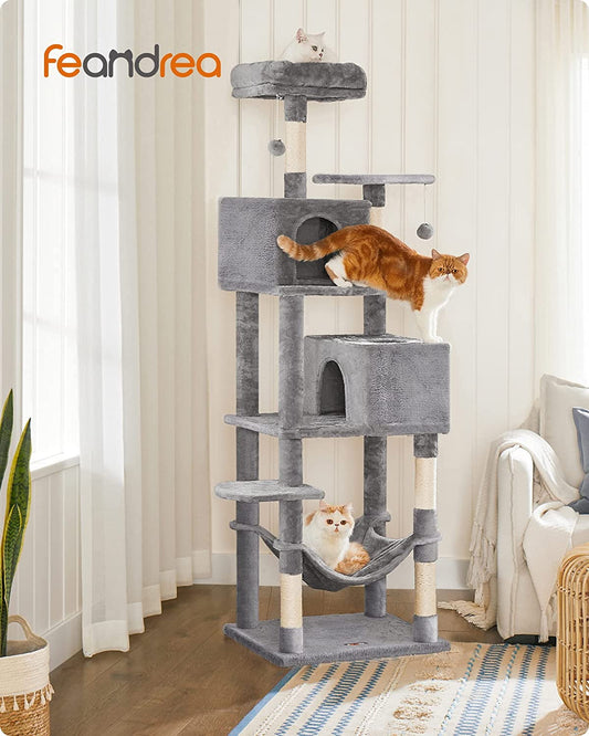 FEANDREA Cat Tree, 75.2-Inch Tall Cat Tower with Scratching Posts, Hammock, Cat Caves, Padded Perch, Cat Activity Center, Light Gray