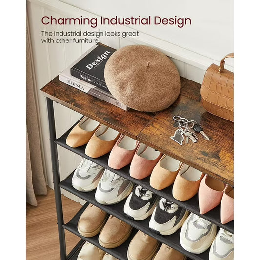 5 Tier Shoe Rack Shoe Organizer for Closet Entryway with 4 Fabric Shelves and Top for Bags Shoe Shelf Steel Frame Industrial