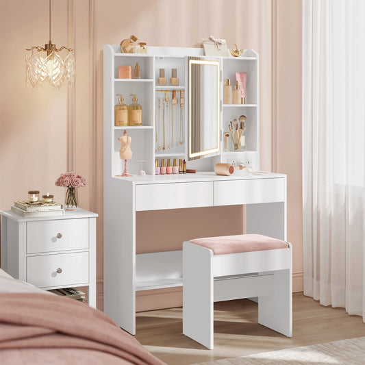 VASAGLE Vanity Desk with Power Outlets, Makeup Vanity with Mirror and Lights, Upholstered Vanity Stool, Dimmable LED Lights, 6 Compartments, 2 Drawers, Cloud White