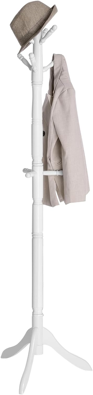 VASAGLE Solid Wood Coat Rack and Stand, Free Standing Hall Coat Tree with 10 Hooks for Hats, Bags, Purses, for Entryway, Hallway, Rubberwood, Cloud White