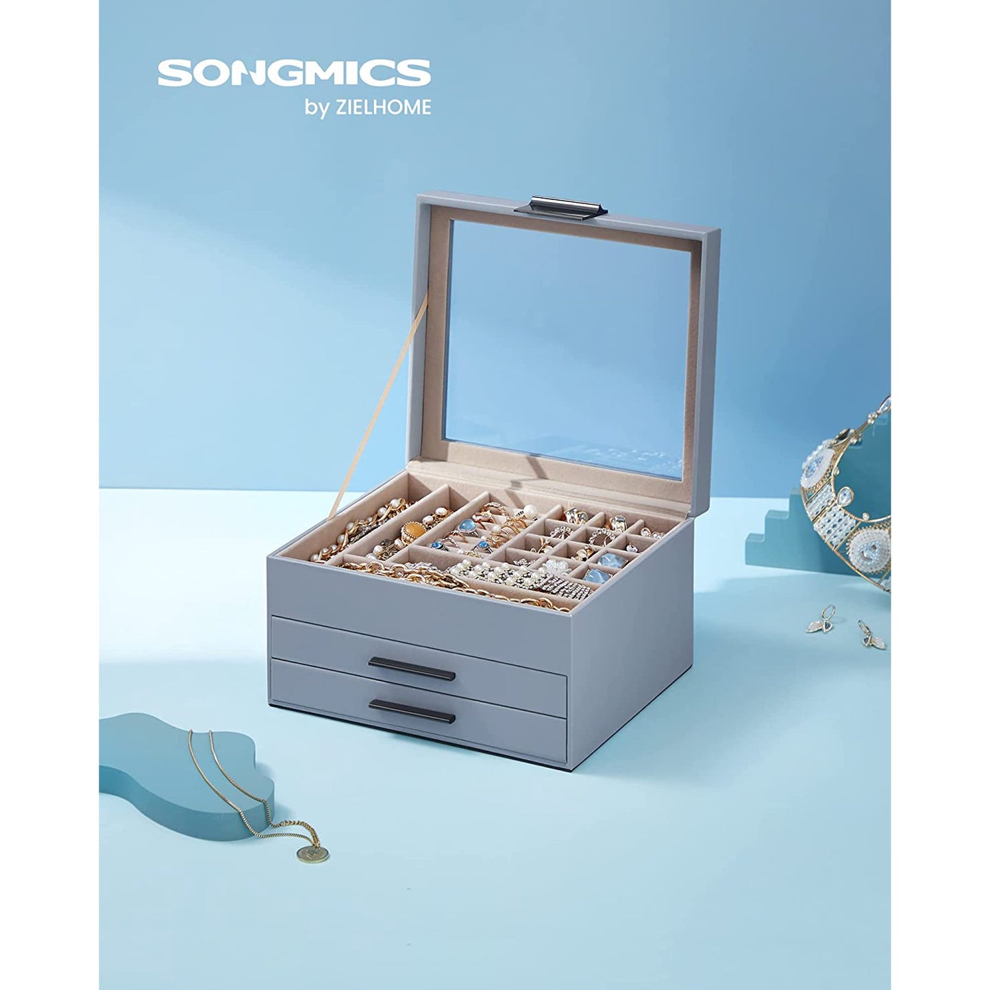 SONGMICS Jewelry Box with Glass Lid 3-Layer Jewelry Organizer 2 Drawers for Big and Small Jewelry Jewelry Storage Modern Style Graphite