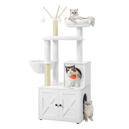 Feandrea WoodyWonders 2-in-1 Cat Tree with Litter Box Enclosure - Modern Cat Condo with Scratching Posts, White