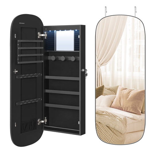 Armoire Jewelry Cabinet, Hanging Mirror Jewelry Organizer, Lockable Wide Storage for Bedroom, Black