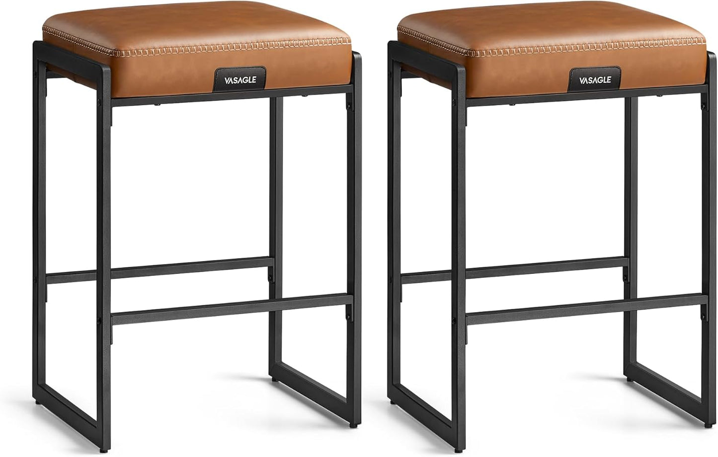 VASAGLE EKHO Collection - Bar Stools Set of 2, Counter Height Bar Stools, Synthetic Leather with Stitching, Mid-Century Modern Counter Stools, 26-Inch Tall, Kichen Home Bar Dining Room, Caramel Brown