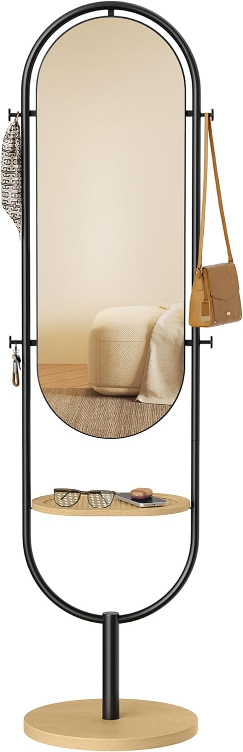 SONGMICS Full-Length Floor Mirror 3-in-1 Modern Standing Full Body Mirror Inspired by Original Award-Winning Design Oak Beige and Ink Black