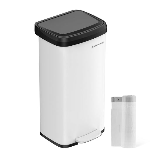 SONGMICS Kitchen Trash Can, 18-Gallon Stainless Steel Garbage Can, with Stay-Open Lid and Step-on Pedal, Soft Closure, Tall, Large and Space-Saving, White and Black