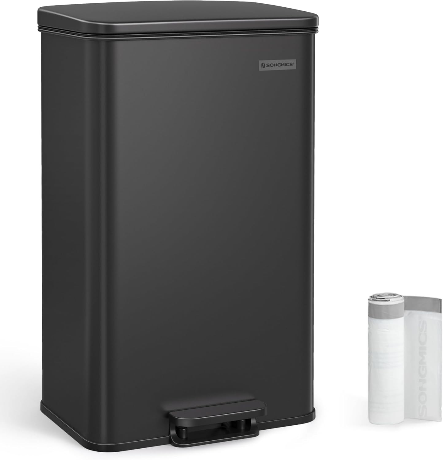 SONGMICS Kitchen Trash Can, 10.5 Gallon (40 L) Garbage Can, Large Step Trash Bin with Lid, Stainless Steel, Soft Close, 15 Trash Bags Included, Black ULTB540B40