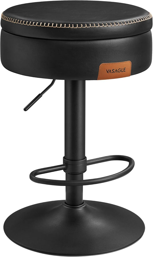 VASAGLE EKHO Collection - 360° Swivel Bar Stool, Height Adjustable Barstool with Storage, Synthetic Leather with Stitching, Mid-Century Modern, Kitchen Bar, Easy Assembly, Ink Black