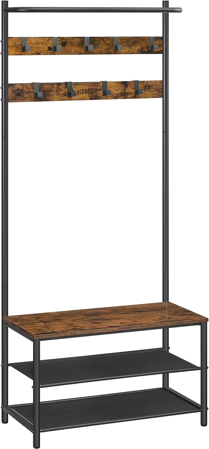 VASAGLE Hall Tree with Bench and Shoe Storage, Entryway Bench with Coat Rack Stand and Shoe Rack, 9 Removable Hooks, Top Bar, Fabric Shelves, Industrial, Rustic Brown and Black