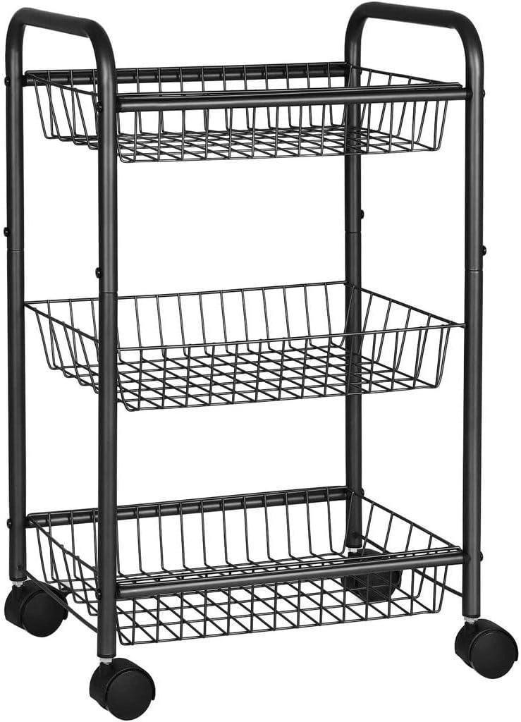 SONGMICS 3-Tier Metal Rolling Cart, Storage Cart with Removable Baskets, Utility Cart with Wheels and Handle, for Kitchen, Bathroom, Laundry Room, Black