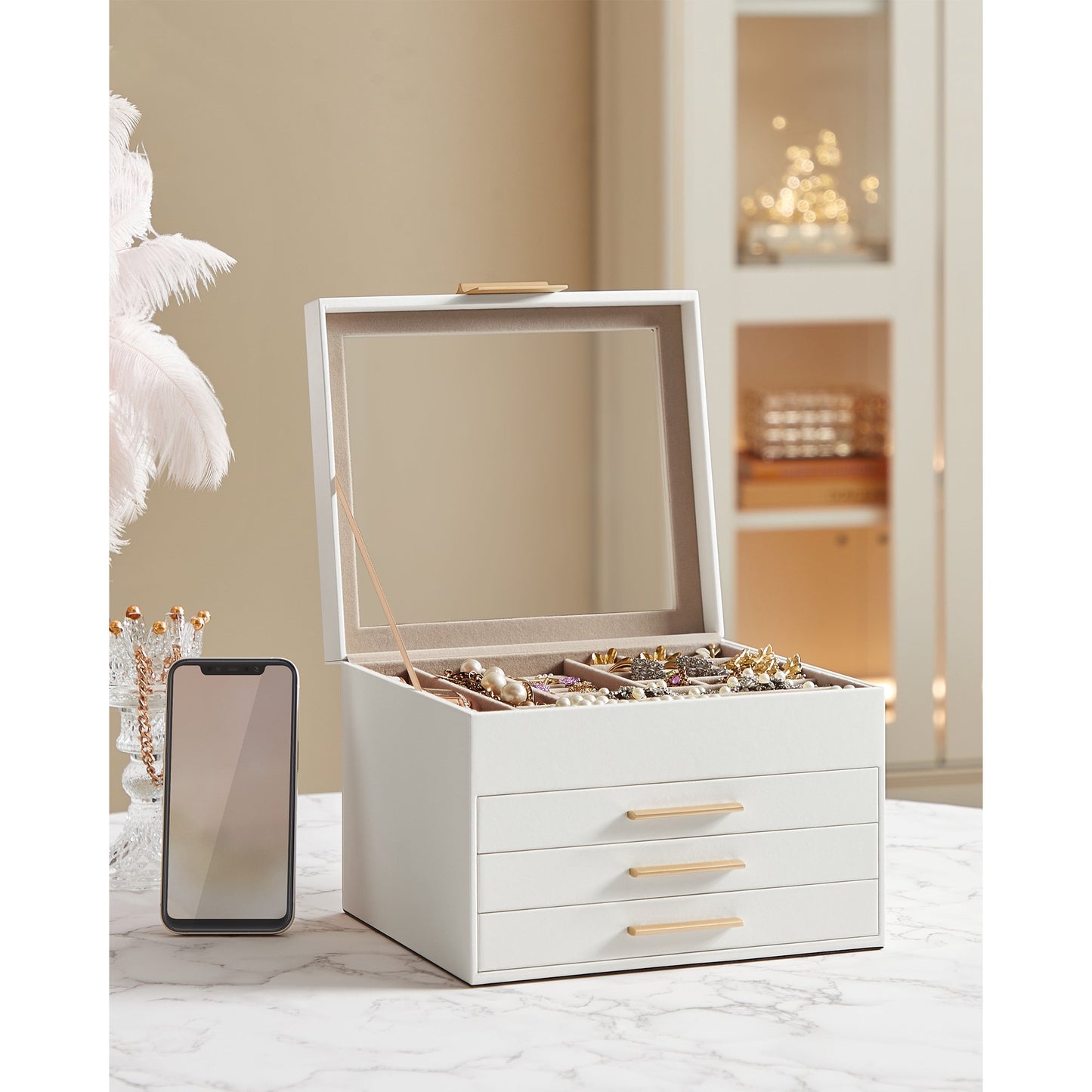 SONGMICS Jewelry Box with Glass Lid, 2-Layer Jewelry Organizer, 1 Drawer, for Big and Small Jewelry, Jewelry Storage, Modern Style, Graphite White