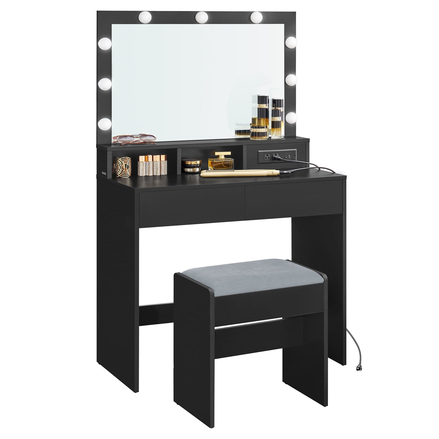 VASAGLE Vanity Desk with Power Outlets, Makeup Vanity with Mirror and Lights