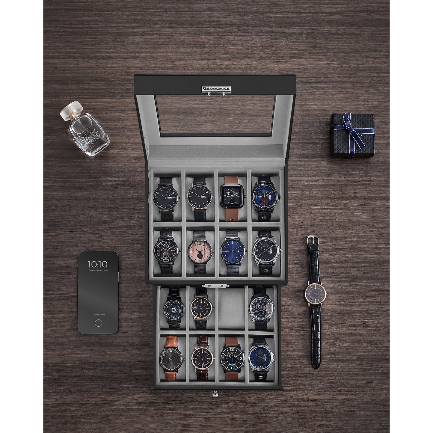 SONGMICS 16-Slot Watch Box, Leather Watch Case with Glass Lid, 2 Layers Lockable Watch Display Case