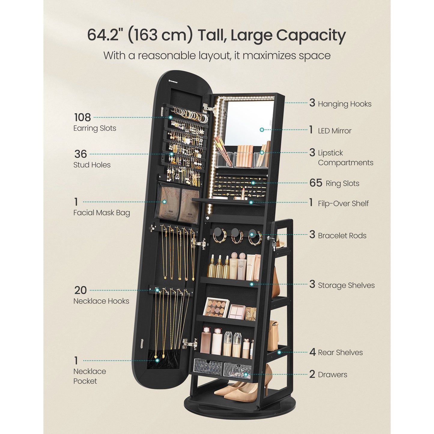 Roating Jewelry Cabinet, LED Standing Jewelry Organizer, Lockable Mirror Jewelry Cabinet