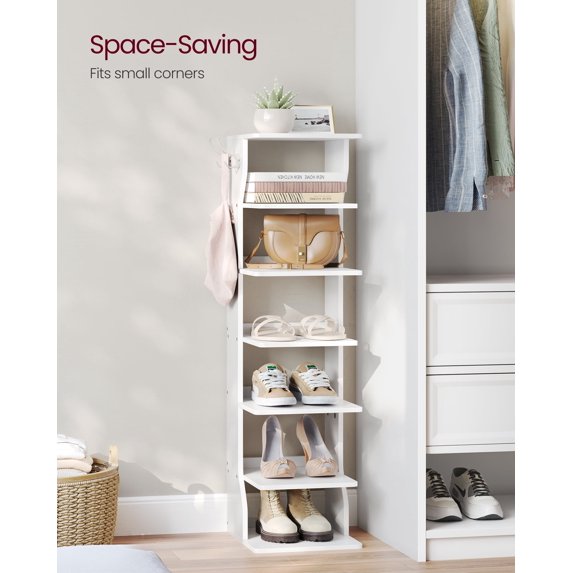 7-Tier Vertical Shoe Rack, 43.5" Tall Narrow Shoe Organizer with 2 Hooks & Anti-Tip Kit, Space-Saving Corner Shelf for Entryway Bedroom, White