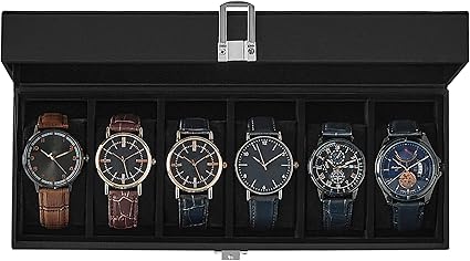 SONGMICS Watch Box, 6-Slot Watch Case with Large Glass Lid, Removable Watch Pillows, Watch Box Organizer, Gift for Loved Ones, Black Synthetic Leather