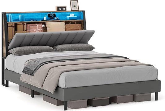 VASAGLE LED Bed Frame Full Size, Storage Headboard and Charging Station, Full Bed Frame with 2 AC Outlets, 1 USB Port, 1 Type-C Port, No Box Spring Needed