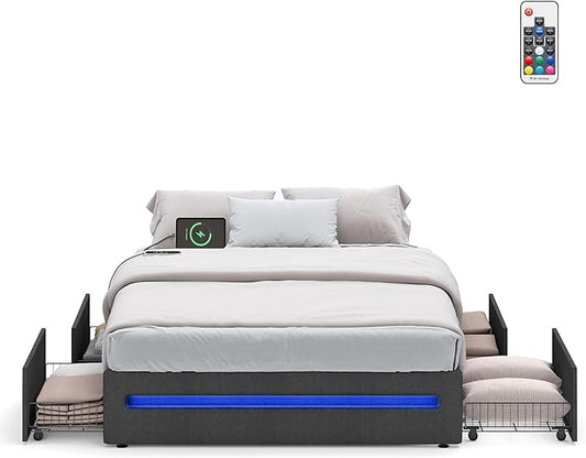 VASAGLE LED Bed Frame Queen Size with 4 Drawers and Charging Station, Queen Bed Frame with 1 USB Port and 1 Type C Port