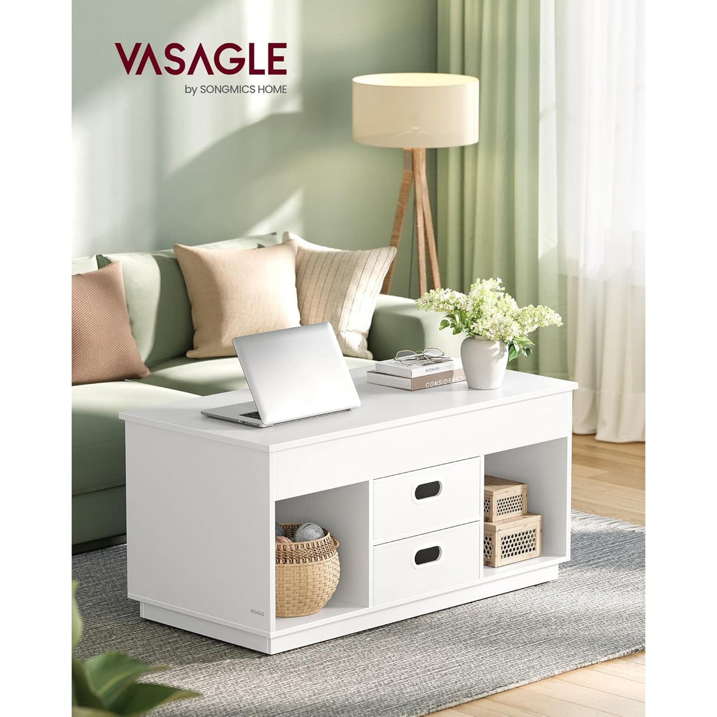 VASAGLE Coffee Table, Lift Top Coffee Table with 2 Drawers and Hidden Compartments, Center Table with Lift Tabletop, for Living Room, Home Office White