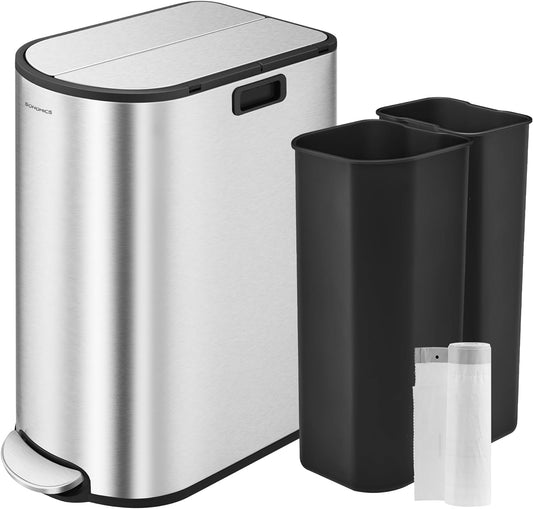 SONGMICS 13-Gallon Dual Kitchen Trash Can, 5.3 and 8 Gallon Compartments, Garbage Can with Wing Lids, Stainless Steel