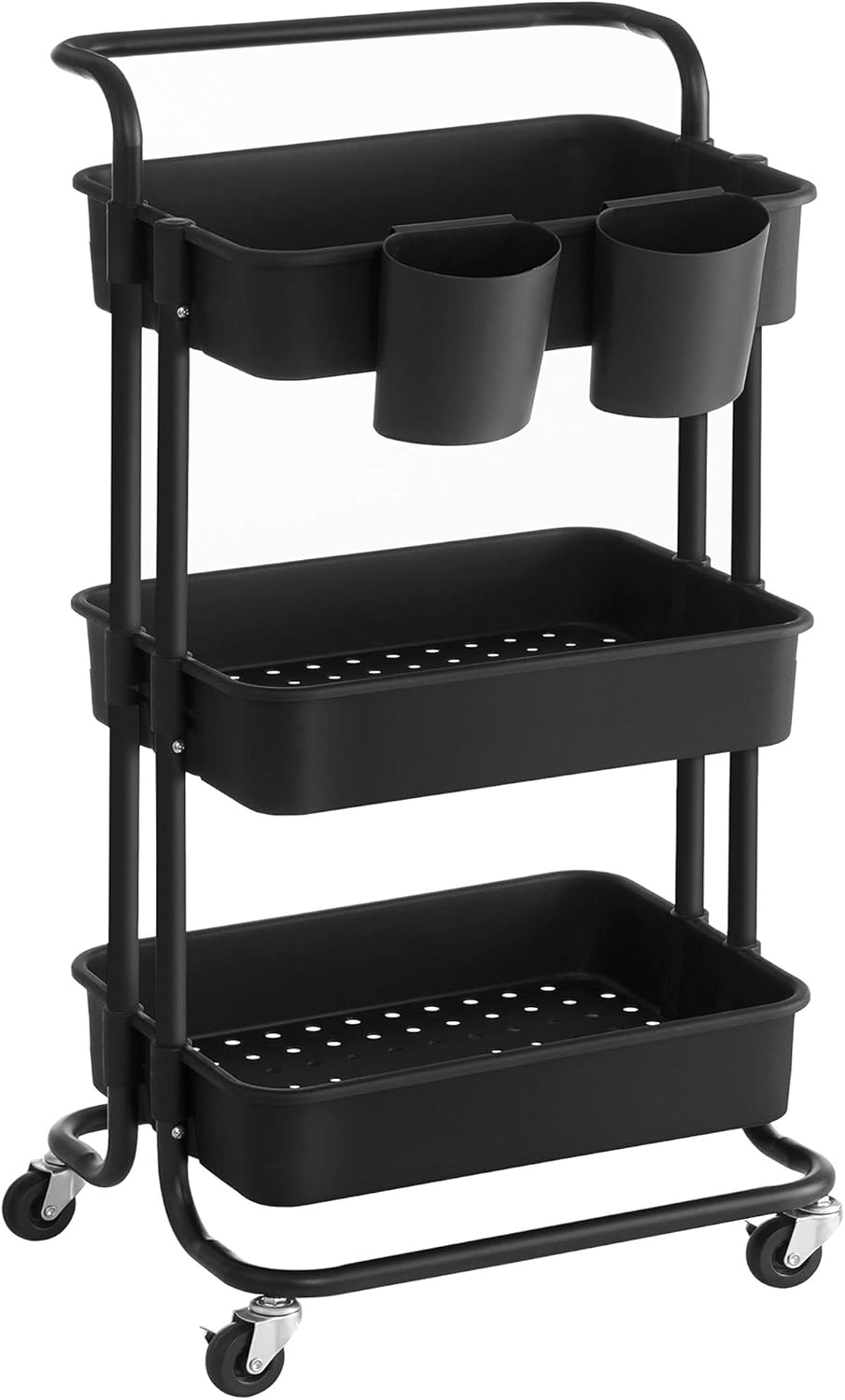 SONGMICS Rolling Cart, 3-Tier Storage Cart, Storage Trolley with Handle 2 Small Organizers, Steel Frame, Plastic Baskets, Utility Cart, Easy Assembly, for Bathroom Laundry Room, Black