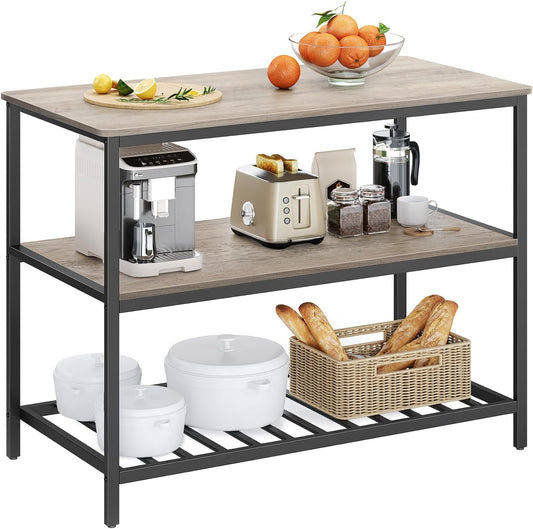 VASAGLE Kitchen Island with 3 Shelves, 47.2 Inches Kitchen Shelf with Large Worktop, Stable Steel Structure, Industrial, Easy to Assemble, Greige and Black