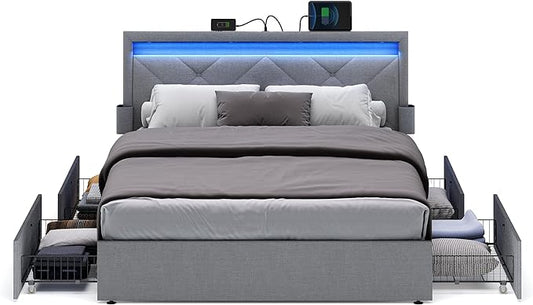 VASAGLE LED Bed Frame Queen Size with Headboard and 4 Drawers, 1 USB Port and 1 Type C Port