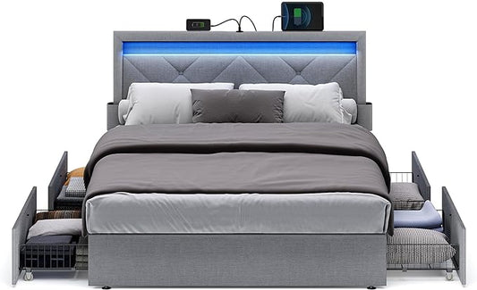 VASAGLE LED Bed Frame Full Size with Headboard and 4 Drawers, 1 USB Port and 1 Type C Port