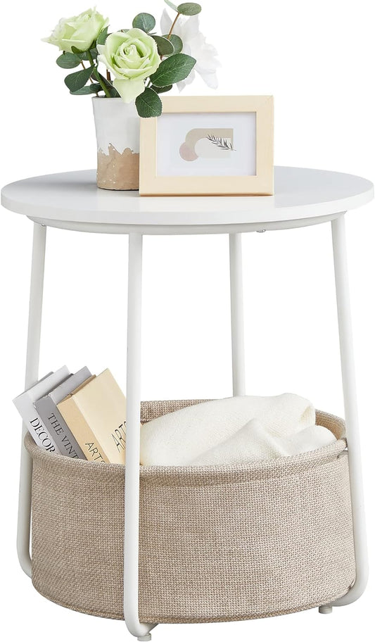 VASAGLE Round End Side Table with Fabric Storage Basket Bedside Table Nightstand for Living Room Bedroom Classic White Sand Beige