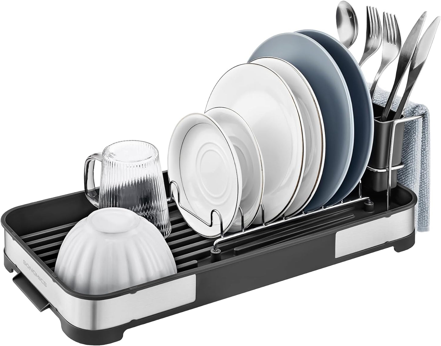 SONGMICS Small Dish Drying Rack, Dish Dryer for Kitchen Counter, Stainless Steel Dish Rack with Drain