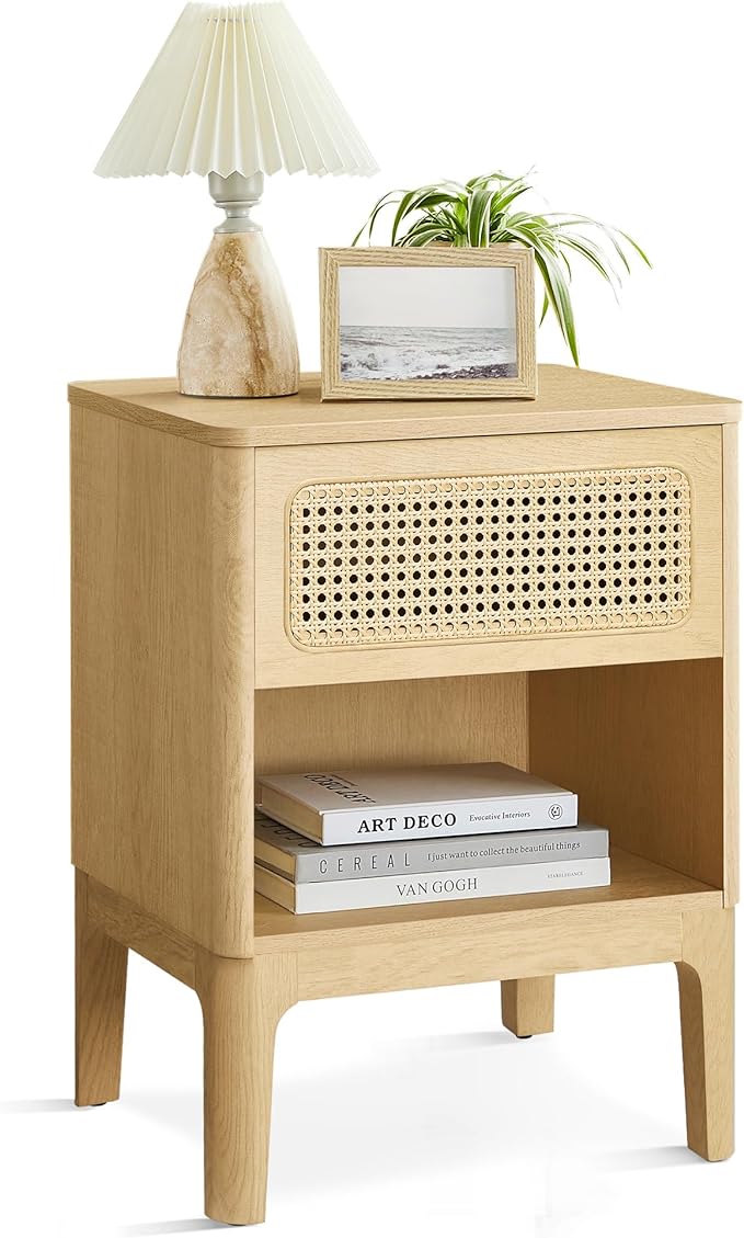 VASAGLE Rattan Nightstand, Boho Bedside Table with Drawer, Cane End Table, Modern Side Table for Bedroom