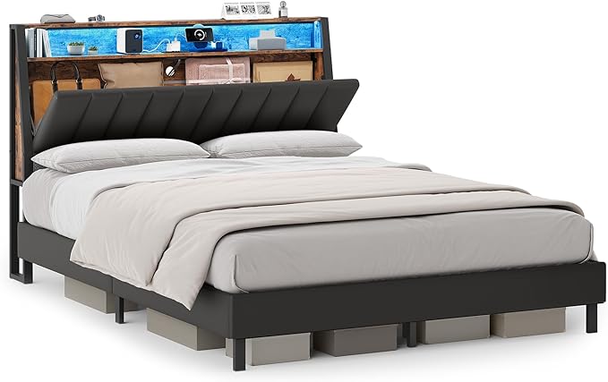 VASAGLE LED Bed Frame Queen Size, Storage Headboard and Charging Station, Queen Bed Frame