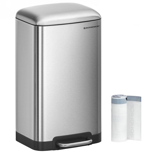 SONGMICS Trash Can, 8 Gallon (30L) Trash Bin with Lid and Inner Bucket, Stainless Steel Garbage Can, Soft Close, Silver ULTB01L