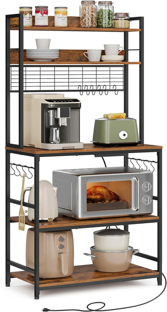 VASAGLE Hutch Bakers Rack with Power Outlet, 14 Hooks Microwave Stand, Adjustable Coffee Bar with Metal Wire Panel, Kitchen Storage Shelf, 15.7 x 31.5 x 66.9 Inches, Rustic Brown and Black